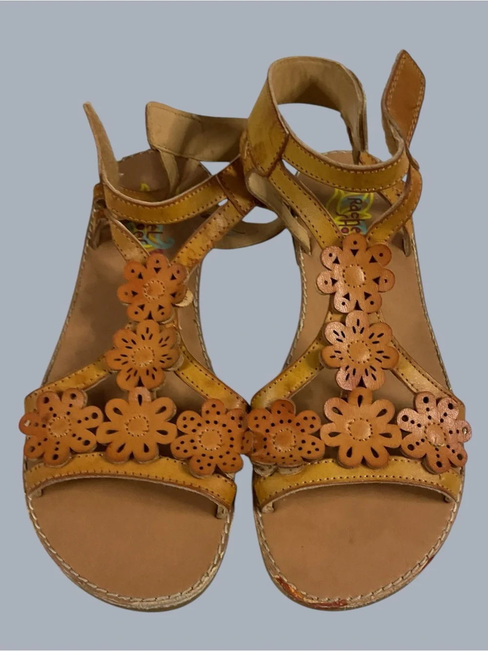 Rachel Shoes Big Girls Tan Floral T-Strap Leather Sandals Size 4